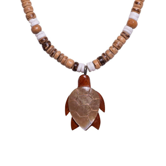 Brown Wood & Shell Sea Turtle on Tiger Coconut Shell Beads Necklace