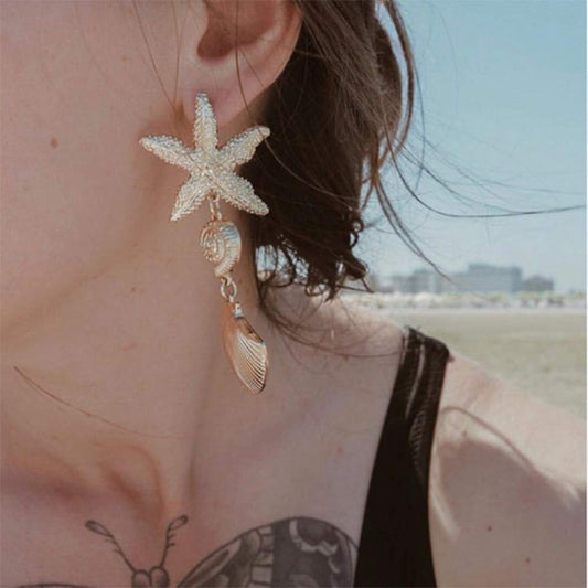 Starfish Cowrie Seashell Dangle Drop Earrings