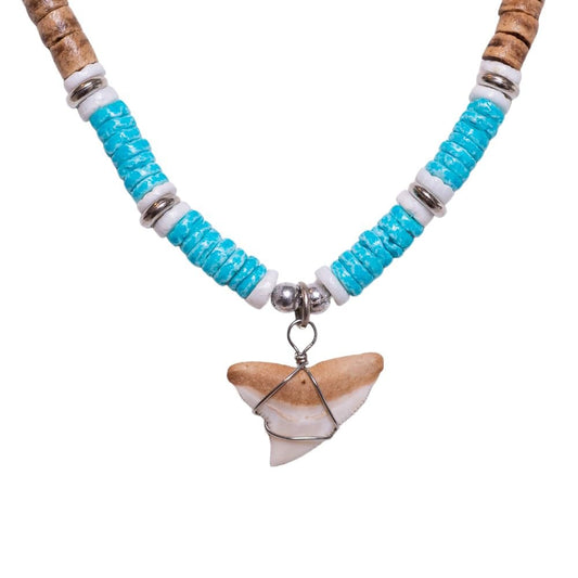 Shark Tooth on Tiger Brown Coconut & Blue Puka Shell Beads Necklace