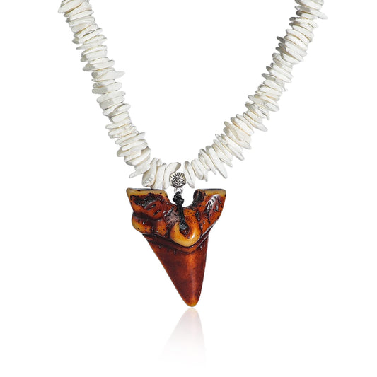 White Puka Shell Shark Tooth Adjustable Chain Necklace Hawaiian Seashell