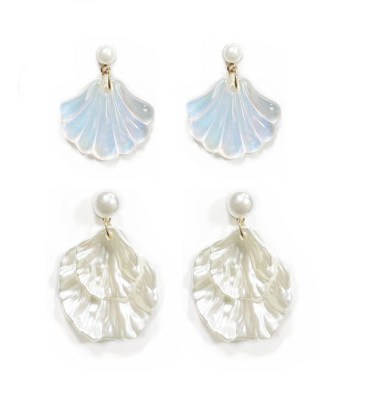 2 Pairs Pearls Sea Shell Stud Earrings Beach Jewelry