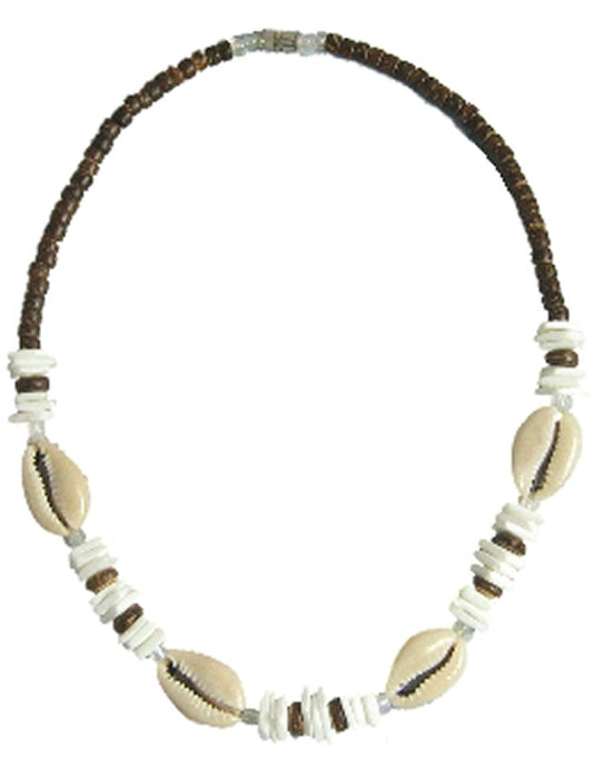 Native Treasure 18" Mens and Womens Cut Cowrie Shells, 5mm Brown Coco Beads From Coconuts, White Rose Clam Chips Ark Shells, Summer Beach Necklace From the Philippines (18)