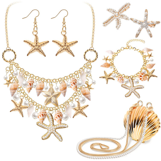 6 Pieces Women Mermaid Jewelry Starfish Necklace Bracelets Seashell Purse
