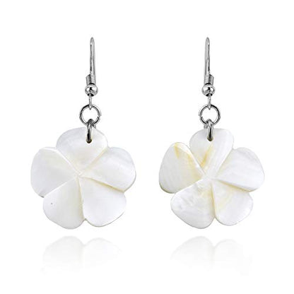 Bohemian Plumeria Flower White Kabibe Shell Dangle Earrings