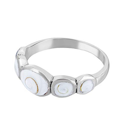 Row of Natural White Shiva Shell 925 Sterling Silver Band Ring