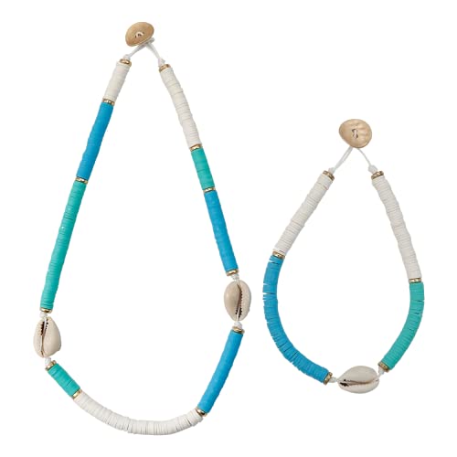 Boho Beaded Cowrie Shell Choker Necklace Anklet Set - Blue