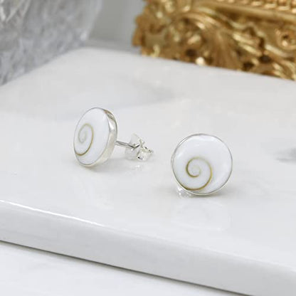 Dainty Casual Round 10mm Swirl Shiva Shell .925 Silver Post Earrings