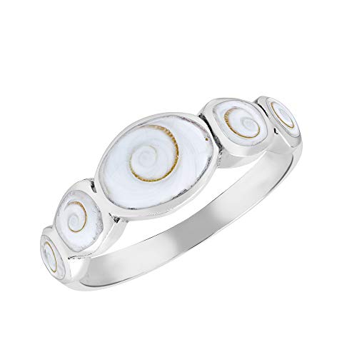 Row of Natural White Shiva Shell 925 Sterling Silver Band Ring