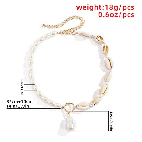 Dainty Oval Pearl Choker with Sea Shell Beads Baroque Pearl Pendant Gold Necklace