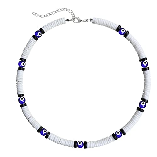 White Puka Chip Shell Necklace with Evil Eye Charm