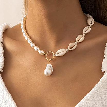 Rumtock Dainty Oval Pearl Choker with Sea Shell Beads Baroque Pearl Pendant Gold Necklace for Women Girls Ladies Jewelry Collection Prom Party