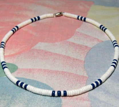 White Clam Heishe Puka Shell Surfer Necklace with Blue Spots from the Philippines - 5mm (3/16")