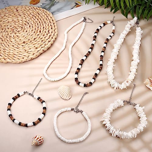 6 Pcs White Puka Shell Necklace And Bracelet