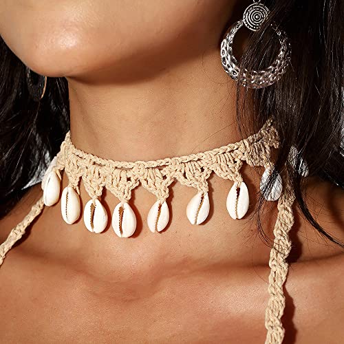 Boho Cowrie Shell Choker Khaki Handmade Adjustable Rope Necklace
