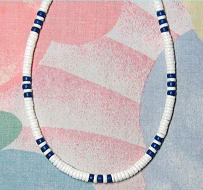 White Clam Heishe Puka Shell Surfer Necklace with Blue Spots from the Philippines - 5mm (3/16")