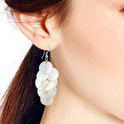 Enchanting Cluster of White Kabibe Shell Circles Handcrafted Dangle Earrings