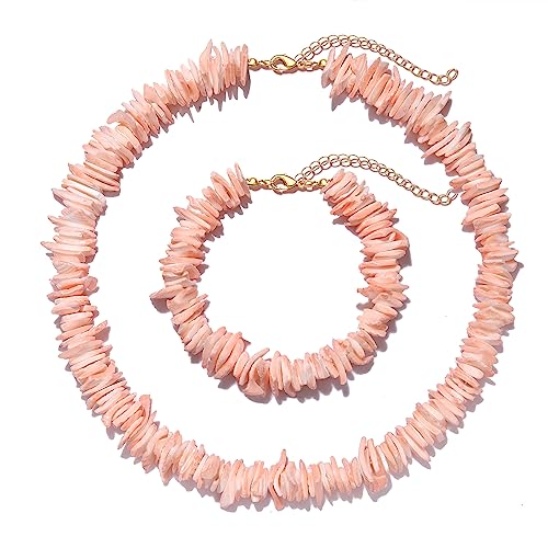 Light Pink Hawaiian Seashell Choker Necklace & Surfer Beach Seashell Bracelet Set