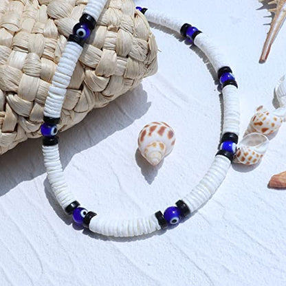 White Puka Chip Shell Necklace with Evil Eye Charm